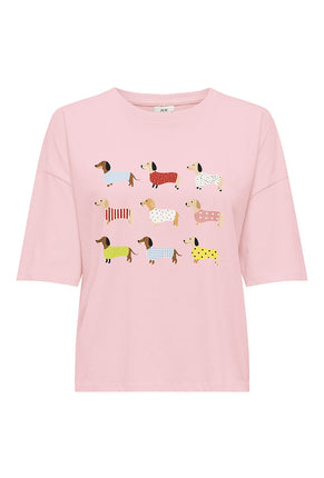 Front image of Cally s/s print tshirt in pink, by brand Jacqueline de yong