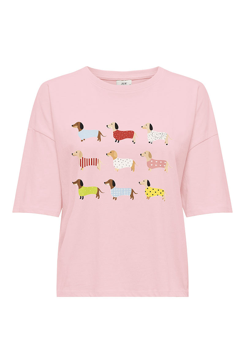 Front image of Cally s/s print tshirt in pink, by brand Jacqueline de yong