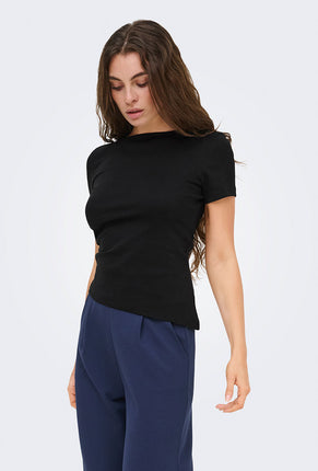 Front image of a model wearing Catie s/s assymetric top in black, by brand Jacqueline de yong