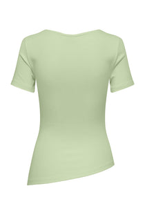 Back image of the Catie s/s assymetric top in lime, by brand Jacqueline de yong