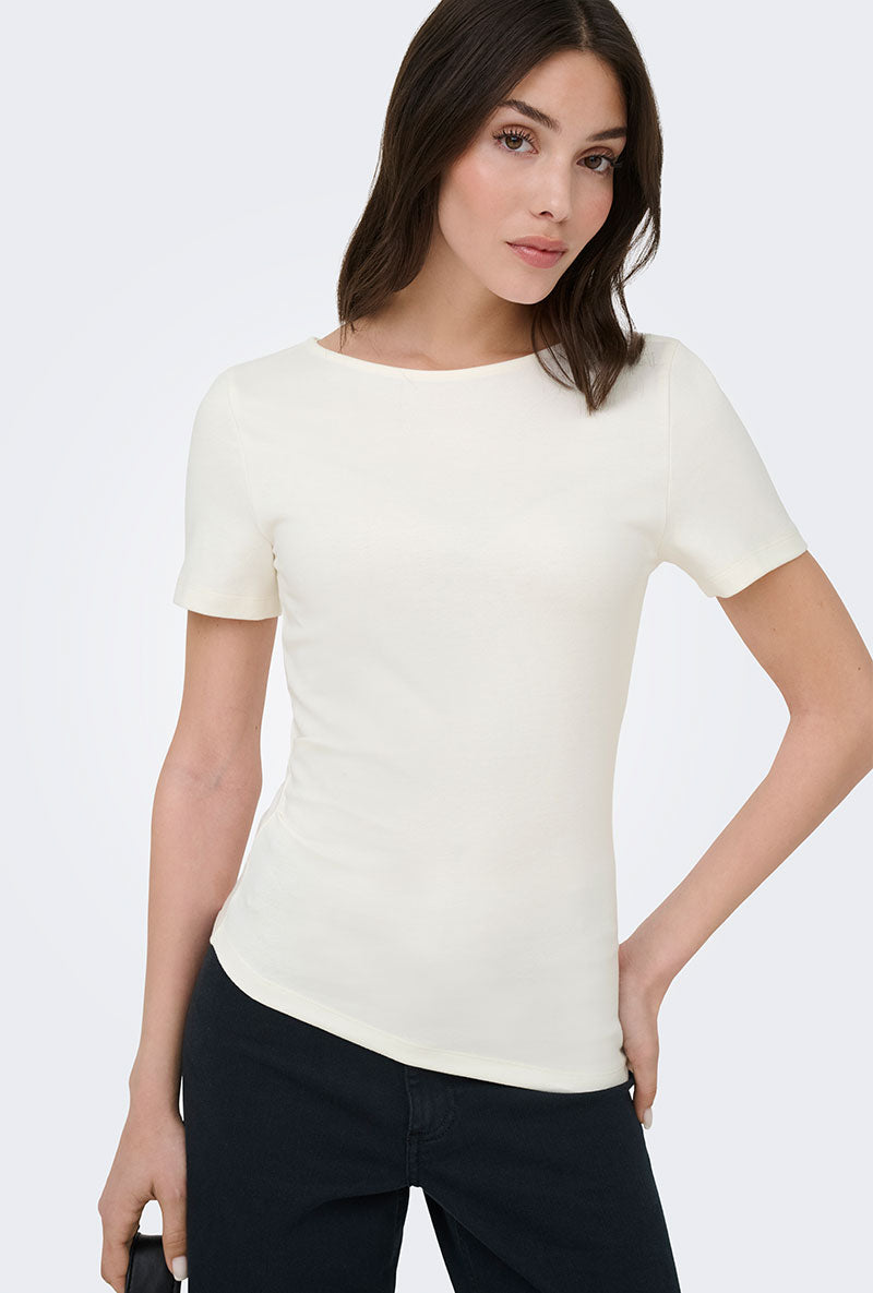 Front image of a model wearing Catie s/s assymetric top in white, by brand Jacqueline de yong
