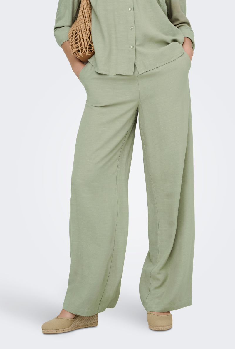 Front image of Caya linen midwaist pants in khaki, by brand Jacqueline de yong