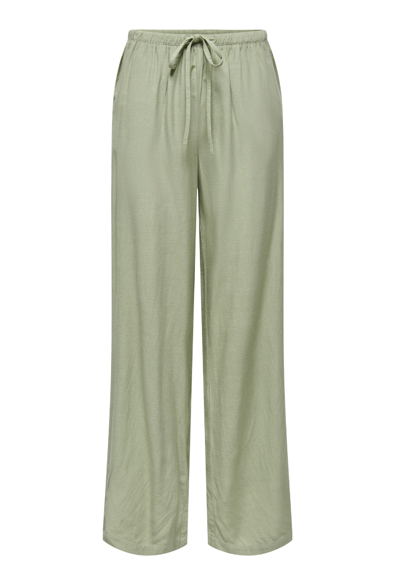 Front image of Caya linen midwaist pants in khaki, by brand Jacqueline de yong