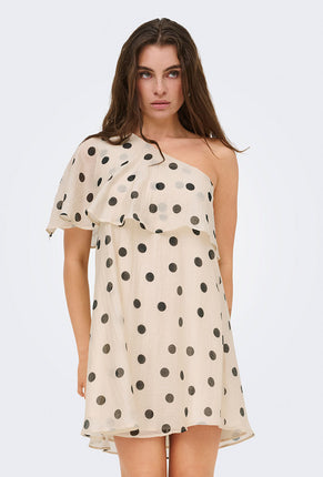 Front image of a model wearing Fay life one shoulder drss in cream, by brand Jacqueline de yong