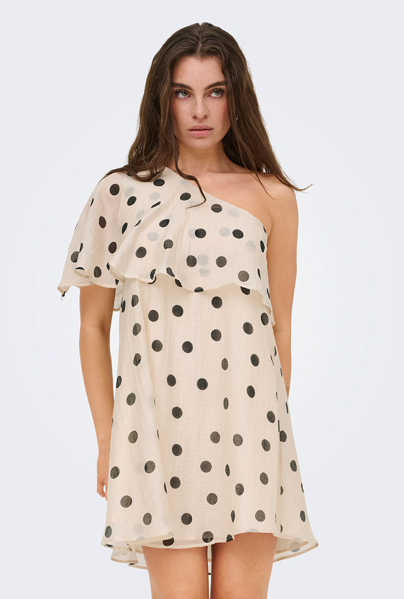 Front image of a model wearing Fay life one shoulder drss in cream, by brand Jacqueline de yong