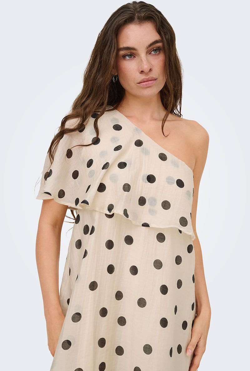 Front image of a model wearing Fay life one shoulder drss in cream, by brand Jacqueline de yong