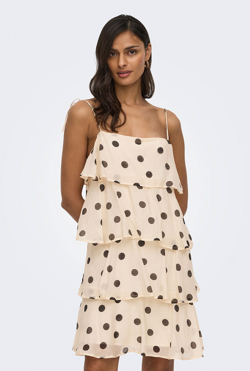 Front image of a model wearing Fay life s/l dress in cream, by brand Jacqueline de yong