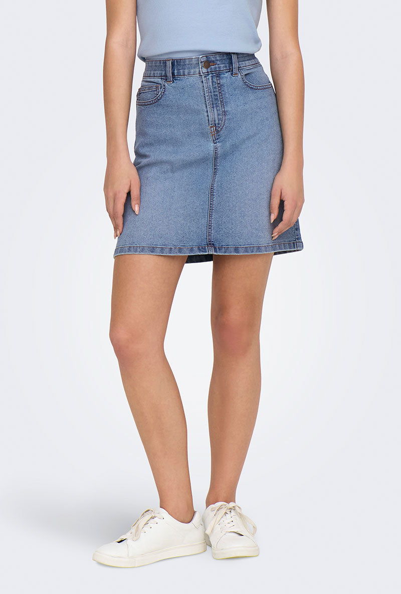 Front image of a model wearing Jdu moon hw denim skirt in denim, by brand Jacqueline de yong