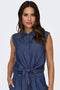 Front image of a model wearing the Kai s/l shirt in denim, by brand Jacqueline de yong