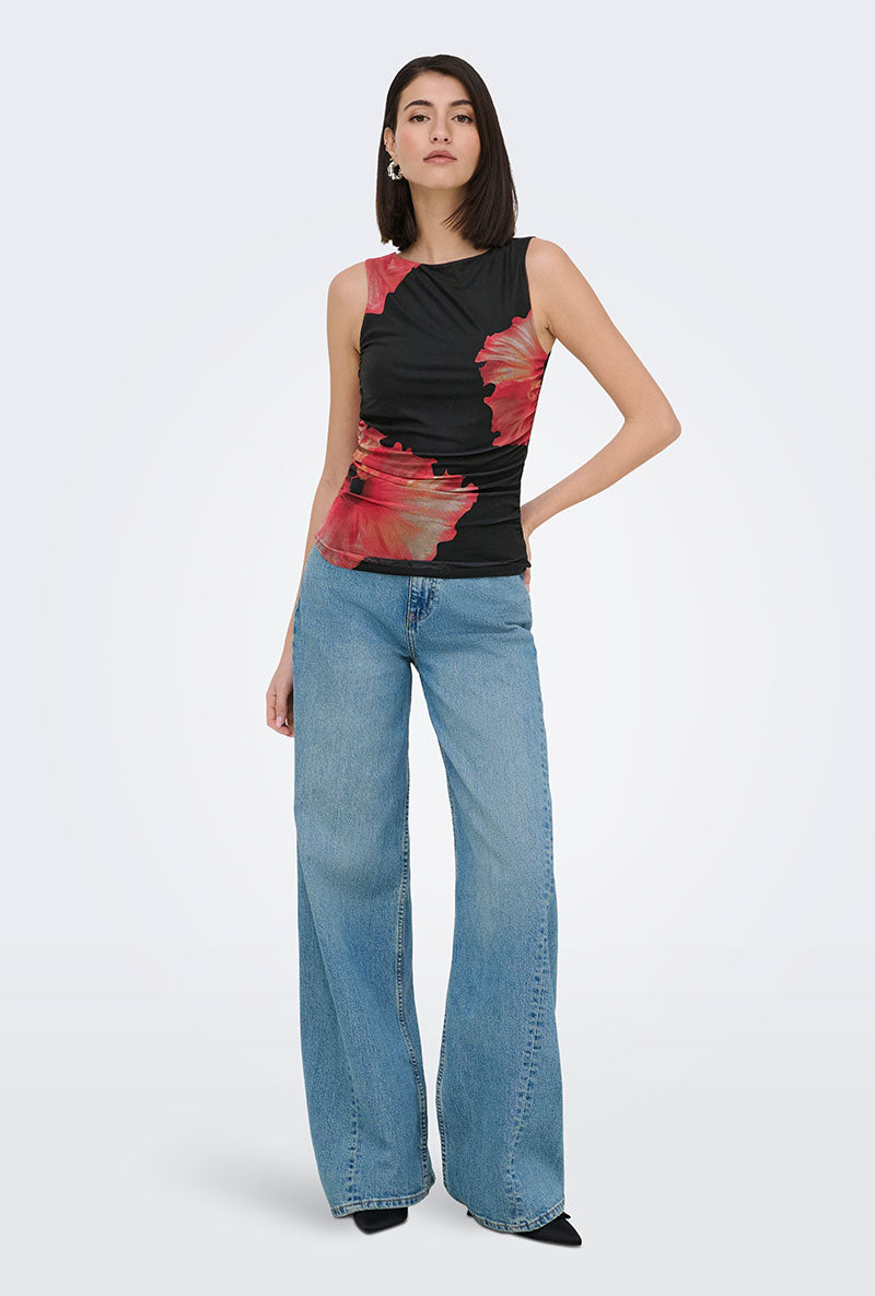 Front image of a model wearing Lea s/l mesh rouching top in black, by brand Jacqueline de yong