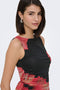 Front image of a model wearing the Lea s/l mesh rouching top in black, by brand Jacqueline de yong