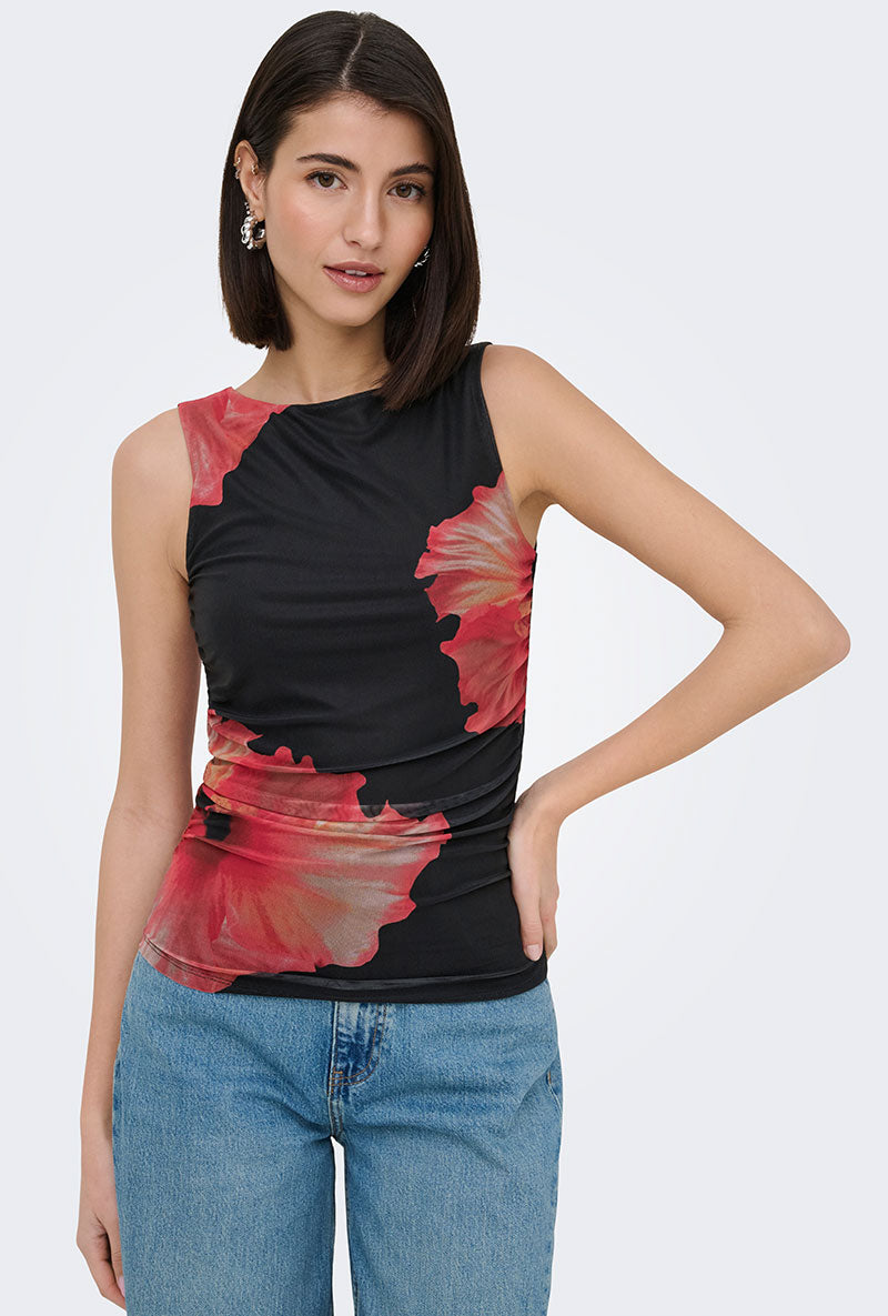 Front image of a model wearing Lea s/l mesh rouching top in black, by brand Jacqueline de yong
