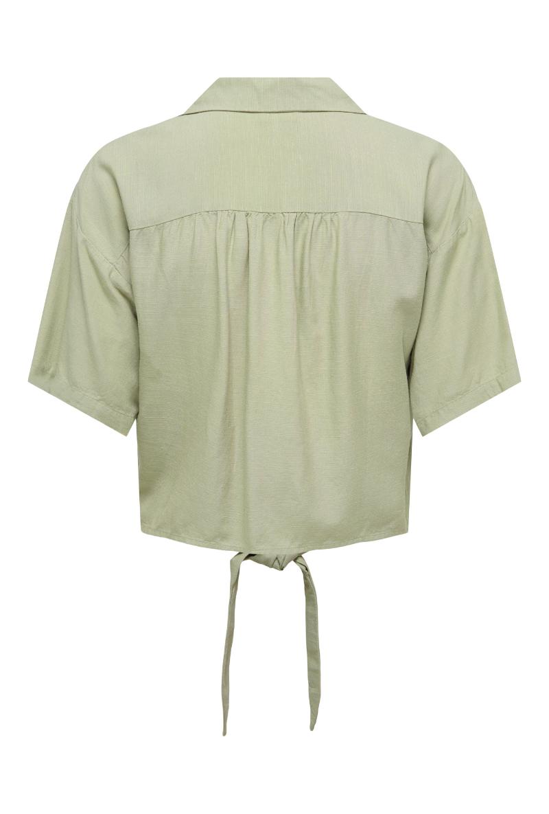 Back image of Caya linen shortsleeve knot shirt in khaki, by brand Jacqueline de yong