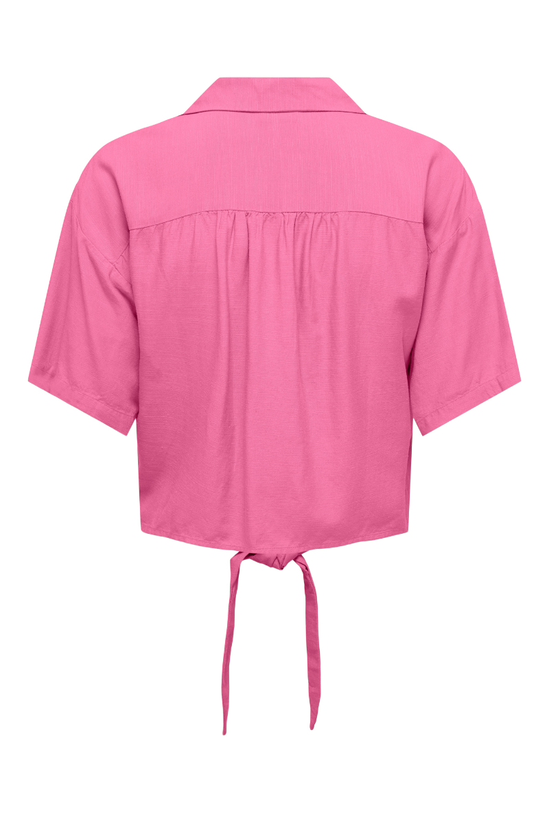 Back image of Caya linen shortsleeve knot shirt in pink, by brand Jacqueline de yong