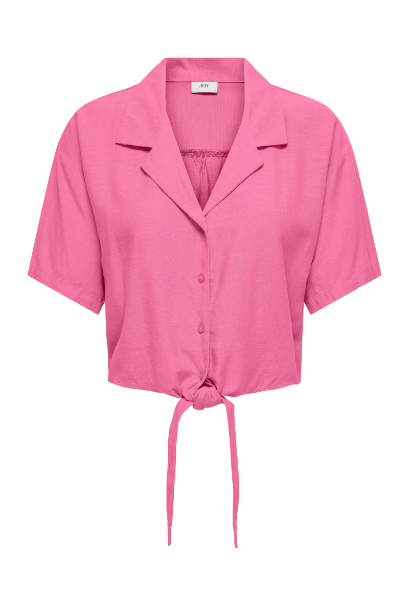 Front image of Caya linen shortsleeve knot shirt in pink, by brand Jacqueline de yong