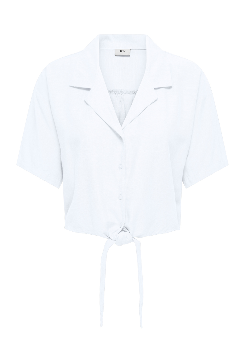 Front image of Caya linen shortsleeve knot shirt in white, by brand Jacqueline de yong