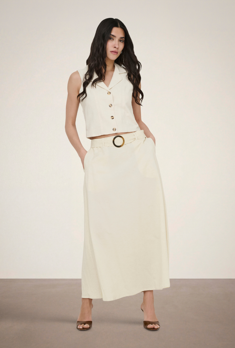 Front image of Milan linen highwaist belted skirt in oat, by brand Jacqueline de yong