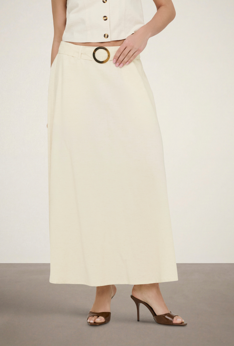 Front image of Milan linen highwaist belted skirt in oat, by brand Jacqueline de yong