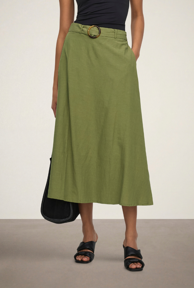 Front image of Milan linen highwaist belted skirt in olive, by brand Jacqueline de yong