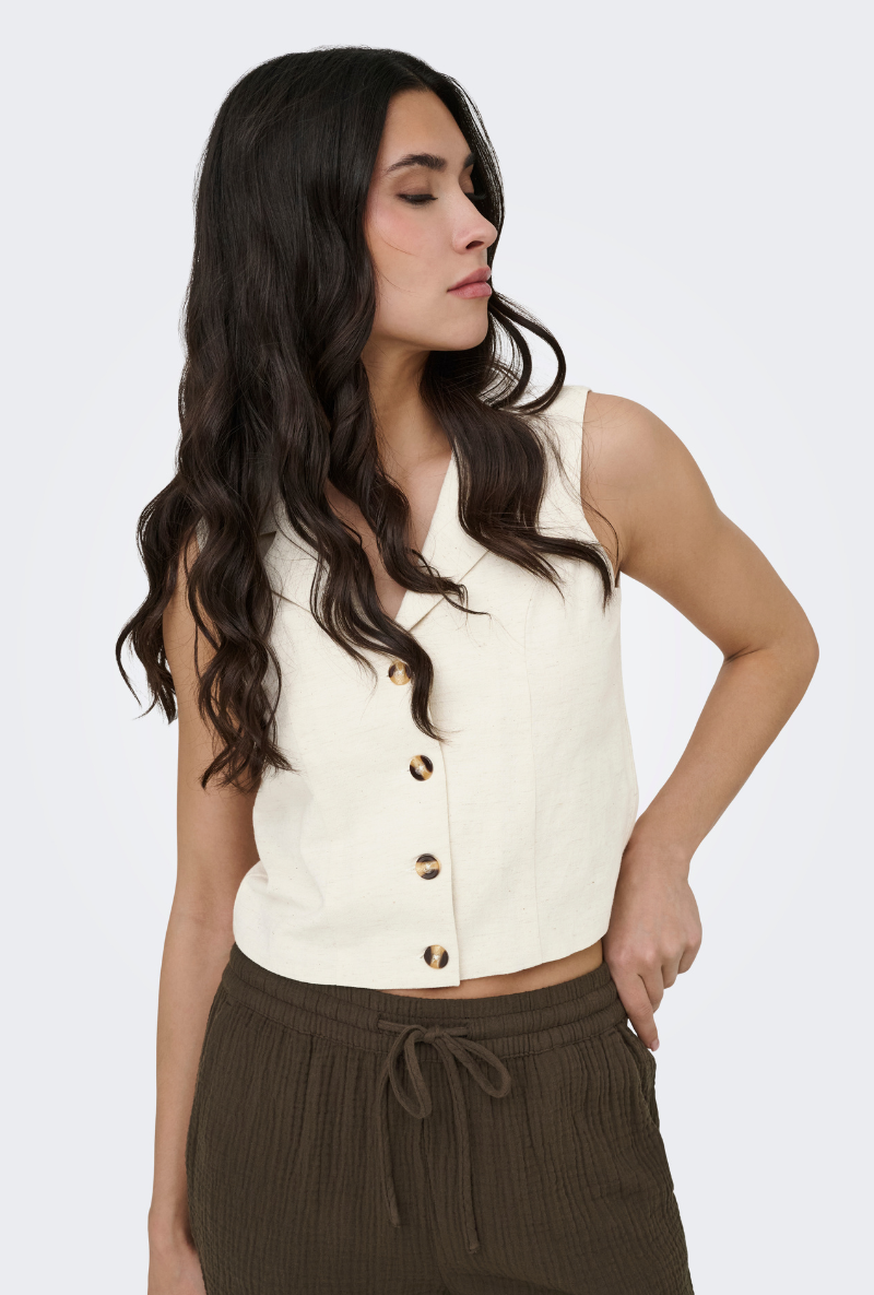 Front image of Jdy milan linen sleeveless waistcoat in oat, by brand Jacqueline de yong
