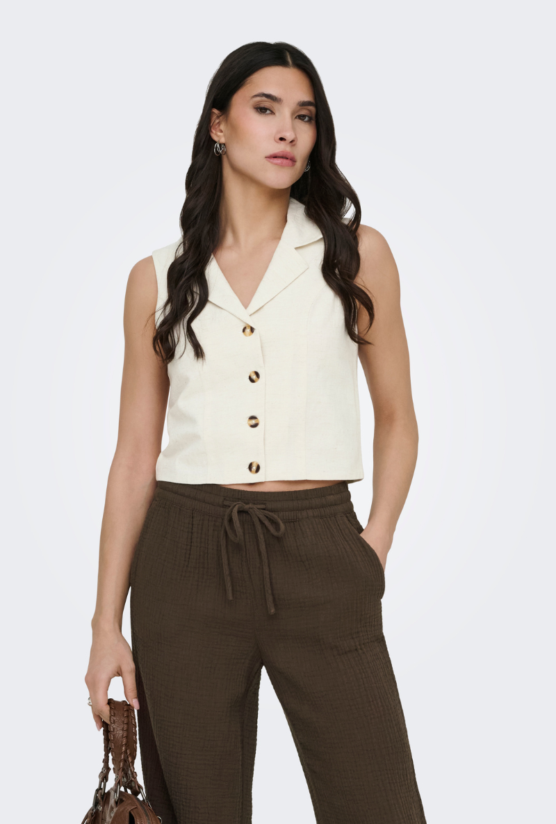 Front image of Jdy milan linen sleeveless waistcoat in oat, by brand Jacqueline de yong