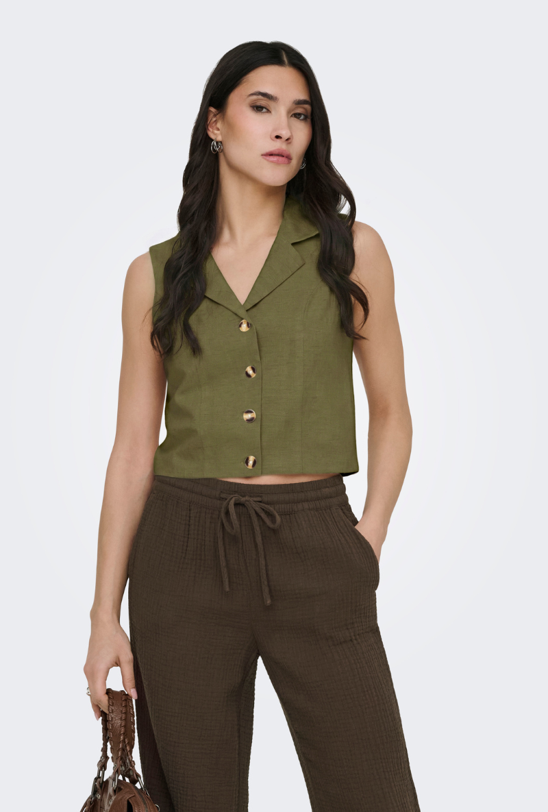 Front image of Jdy milan linen sleeveless waistcoat in olive, by brand Jacqueline de yong
