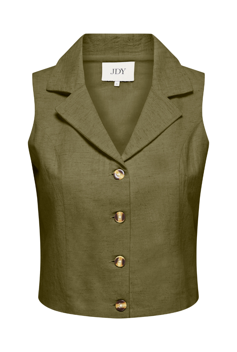 Front image of Jdy milan linen sleeveless waistcoat in olive, by brand Jacqueline de yong