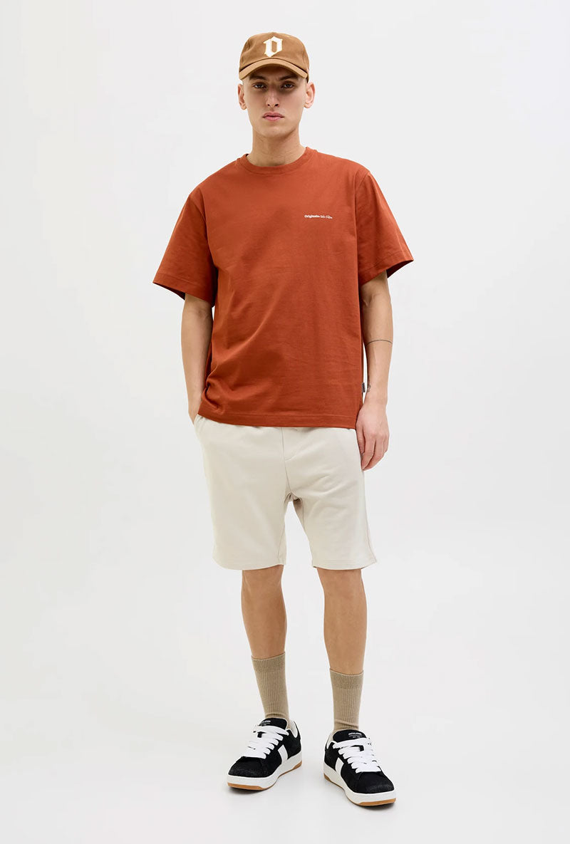 Front image of a model wearing Gordon bradley sweat shorts in stone, by brand Jack&jones