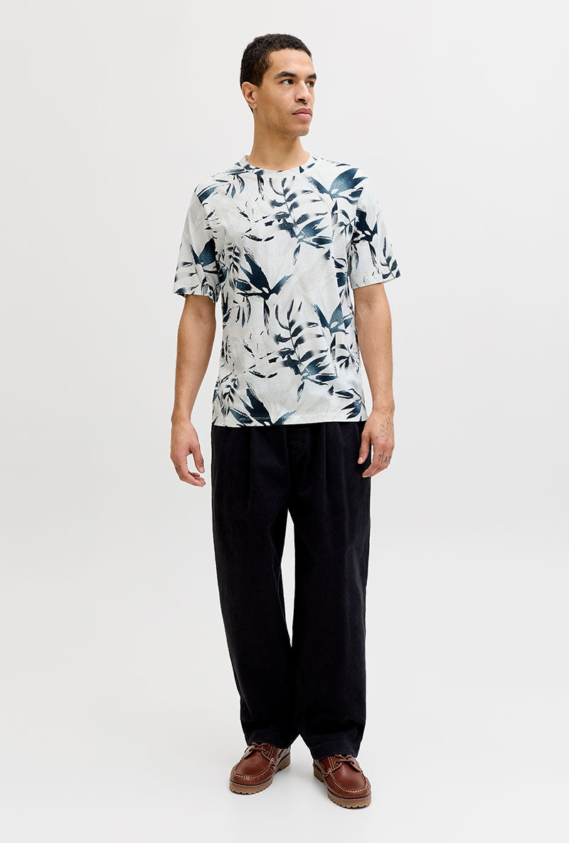 Front image of a model wearing Honolulu aop ss tee in beige, by brand Jack&jones