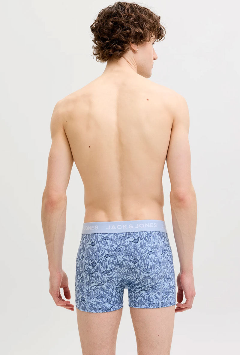 Back image of a model wearing Jake lemon trunks in navy, by brand Jack&jones
