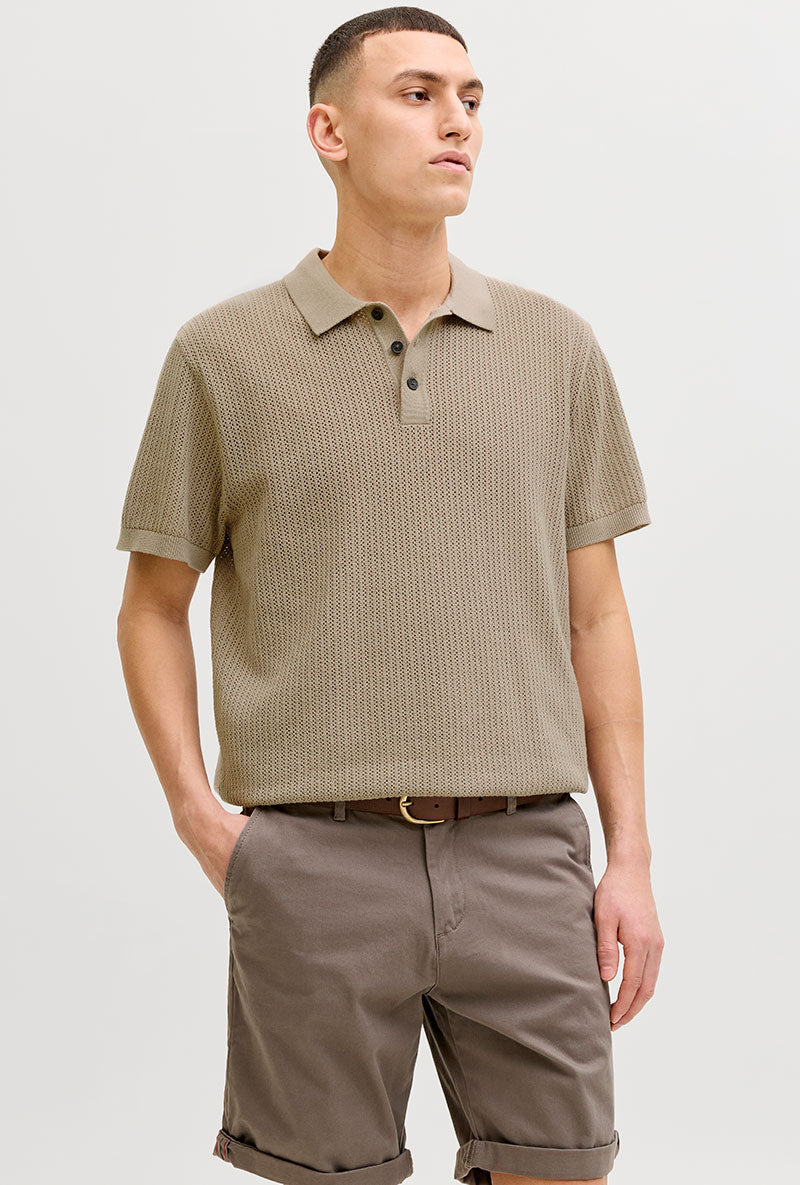 Front image of a model wearing Jess knit polo in stone, by brand Jack&jones