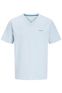 Front image of the Blaze vneck tshirt in blue, by brand Jack&jones