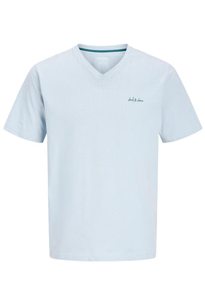 Front image of the Blaze vneck tshirt in blue, by brand Jack&jones