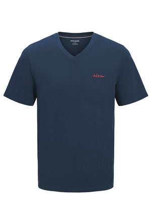 Front image of the Blaze vneck tshirt in navy, by brand Jack&jones