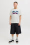 Front image of a model wearing the Indiana tee ss crew neck in beige, by brand Jack&jones