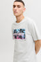 Front image of a model wearing the Indiana tee ss crew neck in beige, by brand Jack&jones