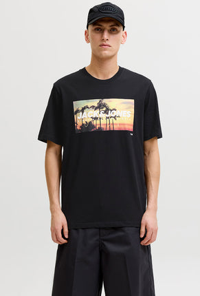 Front image of a model wearing Indiana tee ss crew neck in black, by brand Jack&jones