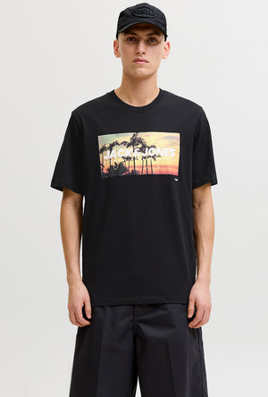 Front image of a model wearing the Indiana tee ss crew neck in black, by brand Jack&jones