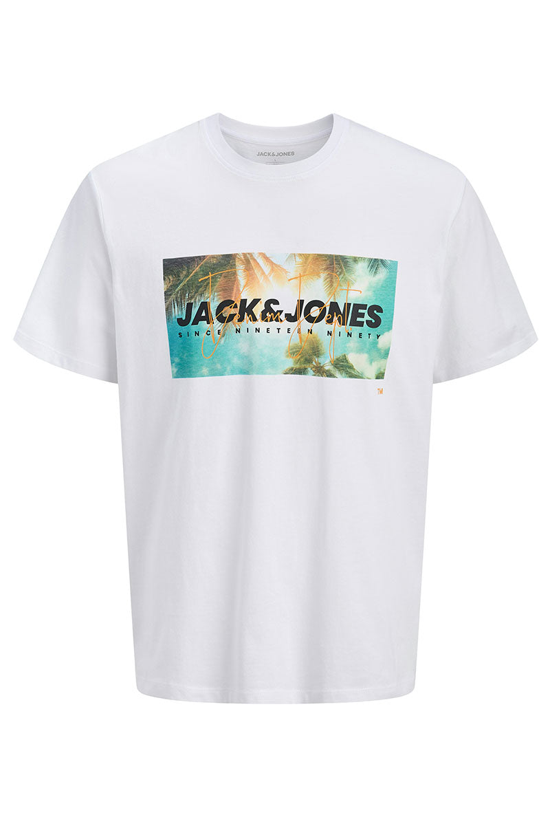 Front image of Indiana tee ss crew neck in white, by brand Jack&jones