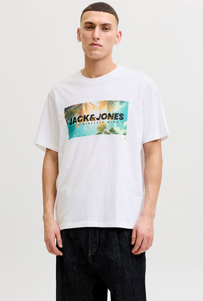 Front image of a model wearing Indiana tee ss crew neck in white, by brand Jack&jones