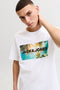 Front image of a model wearing the Indiana tee ss crew neck in white, by brand Jack&jones