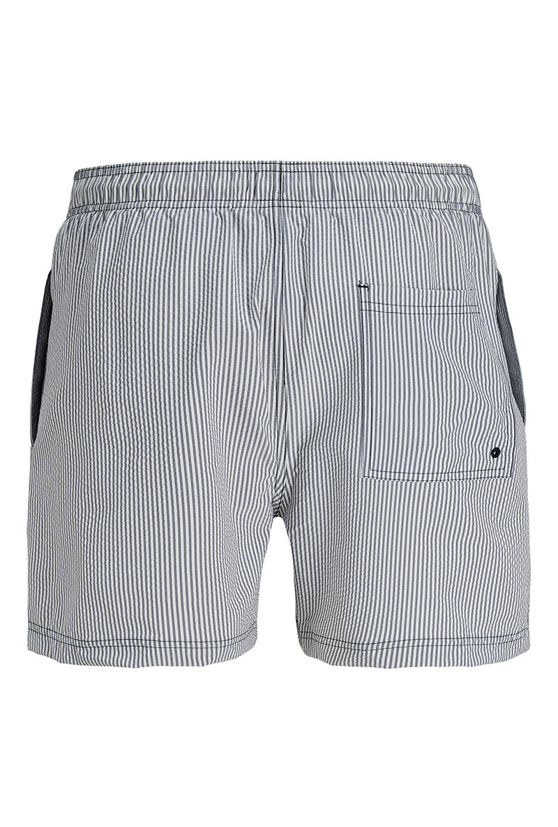 Back image of Maui ocean seersucker swimshorts in navy, by brand Jack&jones