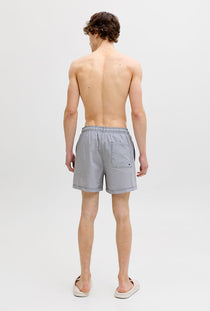 Back image of a model wearing the Maui ocean seersucker swimshorts in navy, by brand Jack&jones