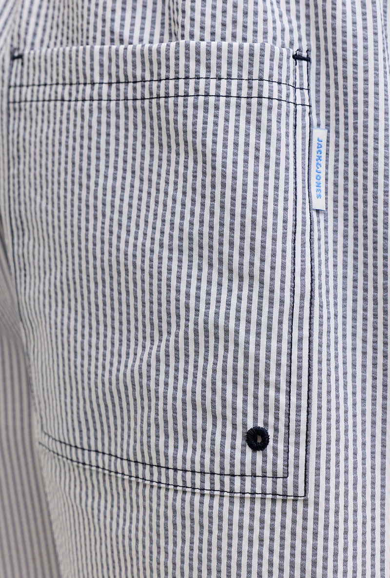 Back pocket detail image of a model wearing Maui ocean seersucker swimshorts in navy, by brand Jack&jones