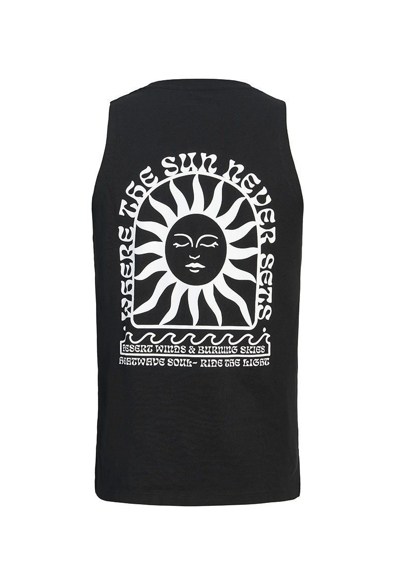 Back image of Sunset back print sleeveless tshirt in black, by brand Jack&jones