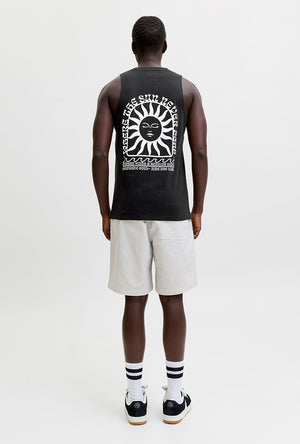 Back image of a model wearing the Sunset back print sleeveless tshirt in black, by brand Jack&jones