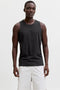 Front image of a model wearing Sunset back print sleeveless tshirt in black, by brand Jack&jones
