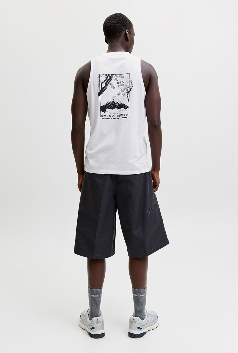 Back image of a model wearing Sunset back print sleeveless tshirt in white, by brand Jack&jones