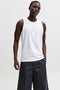 Front image of a model wearing Sunset back print sleeveless tshirt in white, by brand Jack&jones