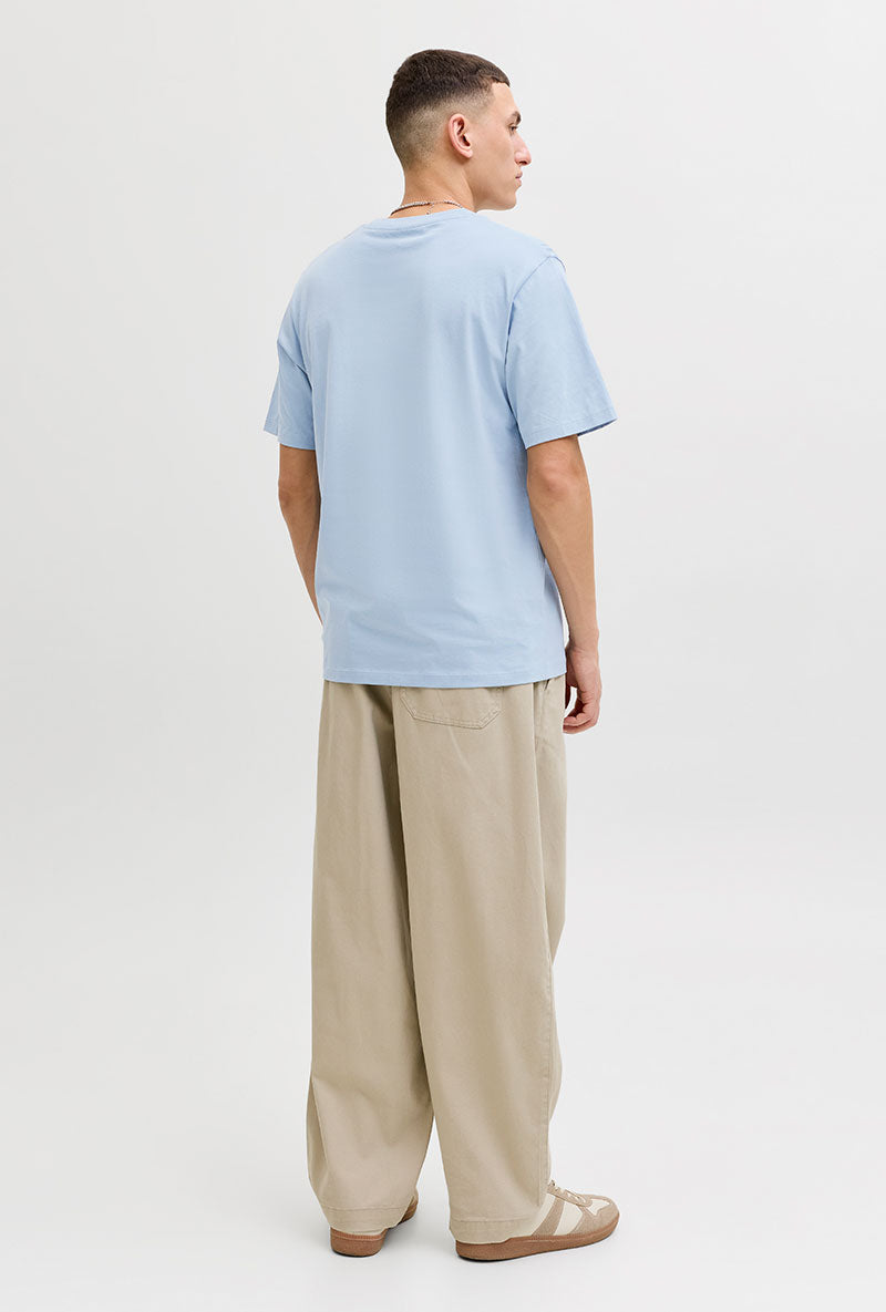 Back image of a model wearing Blu alex ss tee in light blue, by brand Jack&jones